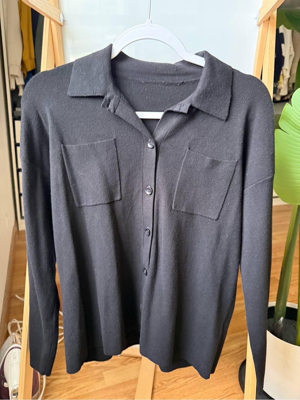 Black Button-Front Long Sleeve Top with Patch Pockets